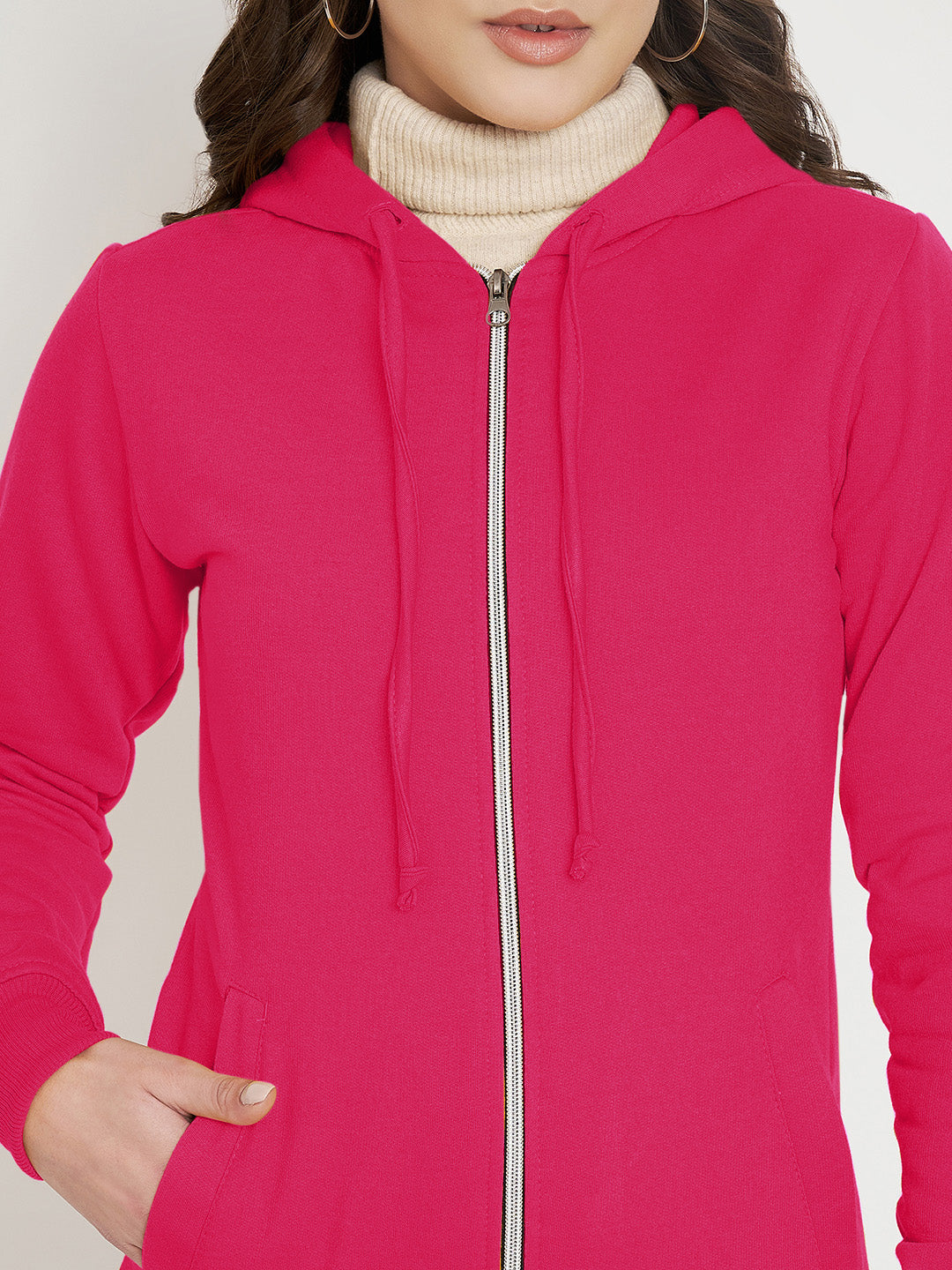 Solid Fleece-Lined Zip-Closure Hooded Sweatshirt with Pockets