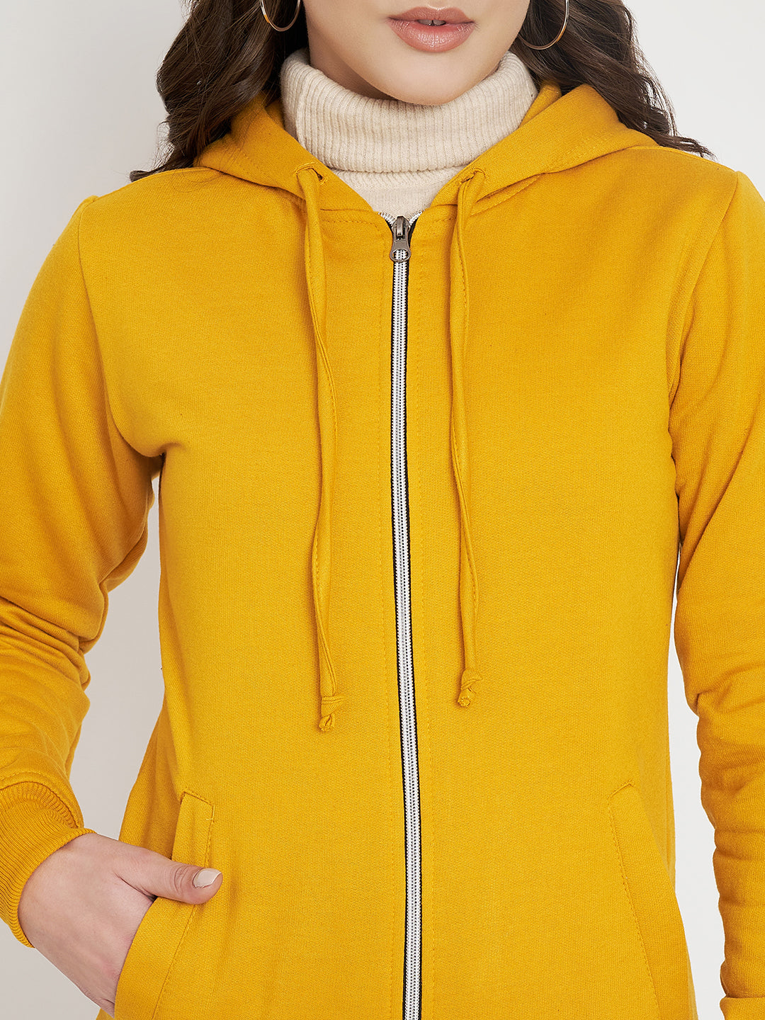 Solid Fleece-Lined Zip-Closure Hooded Sweatshirt with Pockets