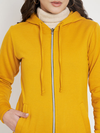 Solid Fleece-Lined Zip-Closure Hooded Sweatshirt with Pockets