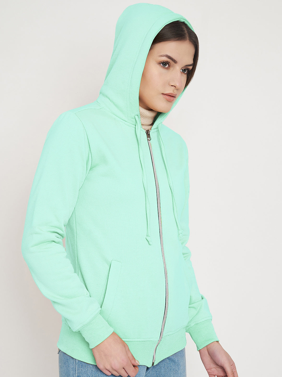 Solid Fleece-Lined Zip-Closure Hooded Sweatshirt with Pockets