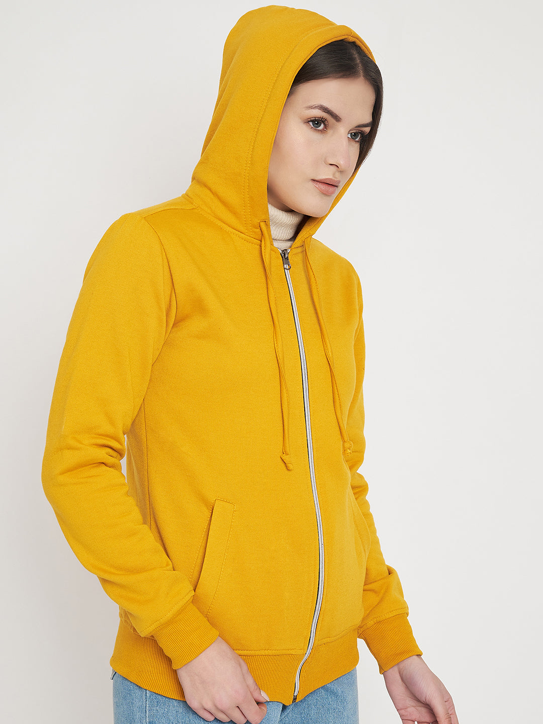 Solid Fleece-Lined Zip-Closure Hooded Sweatshirt with Pockets