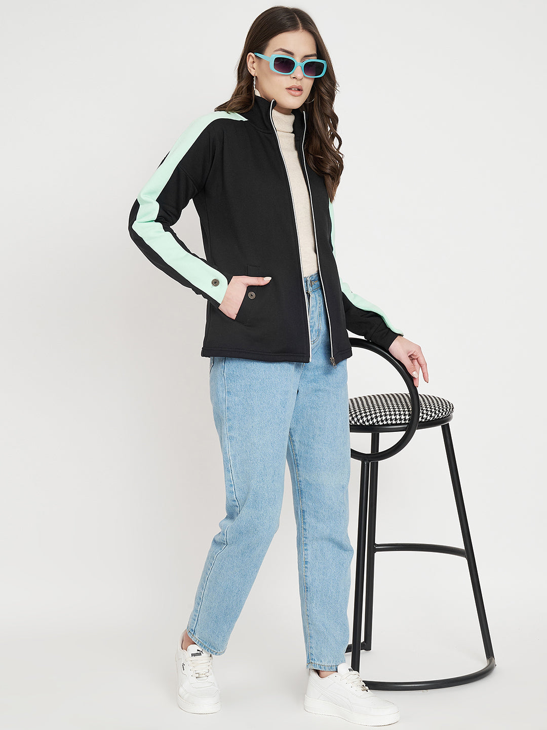 Women Fleece High Neck Color blocked Sweatshirt