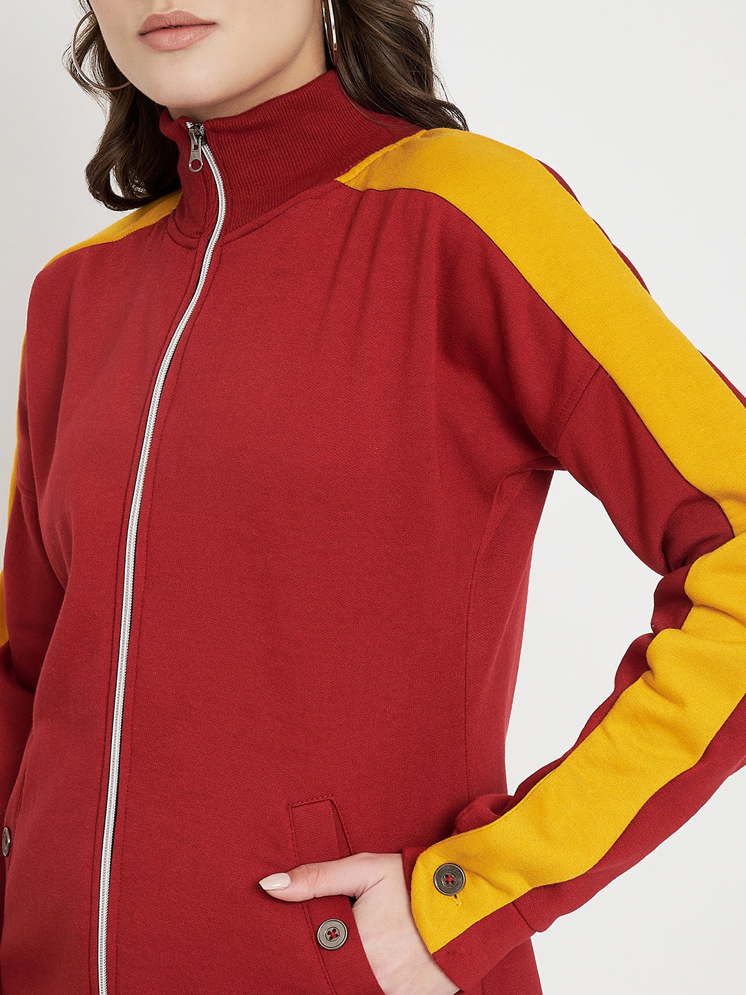 Women Fleece High Neck Color blocked Sweatshirt