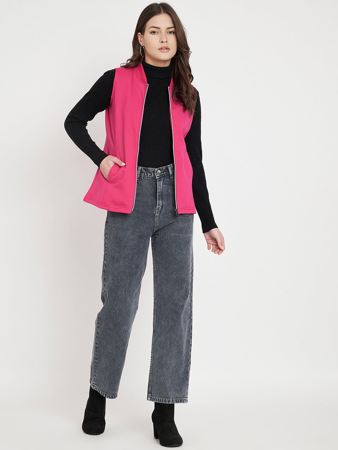 Henley Collar Sleeveless Fleece Zip Detail Tailored Jacket