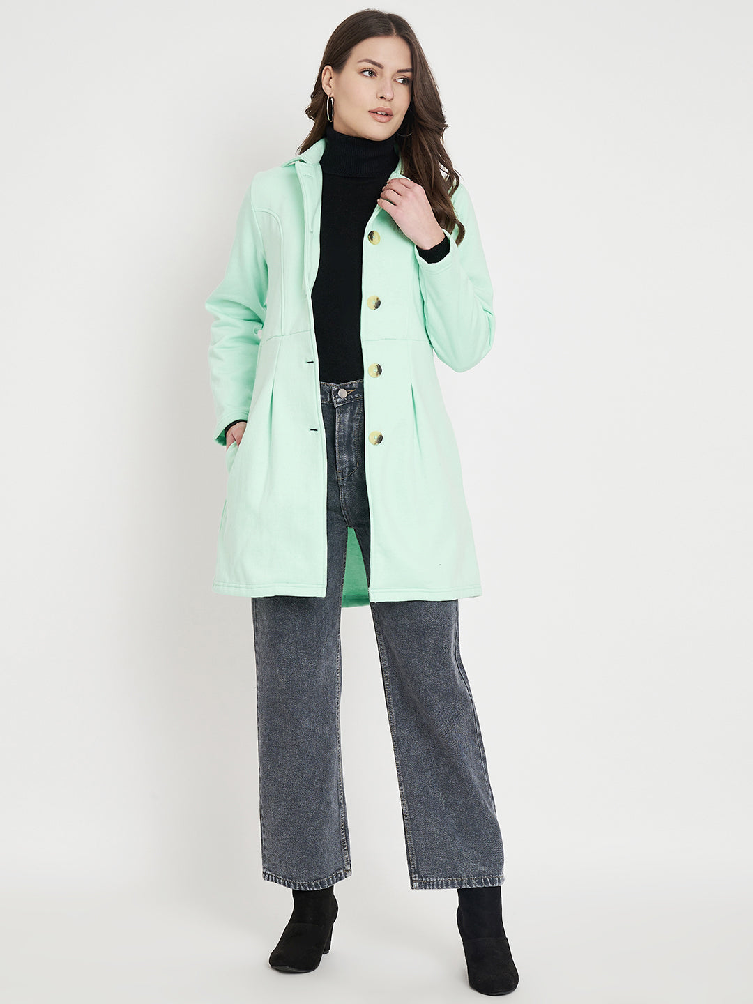 Notched Collar Hip Length Fleece Overcoat