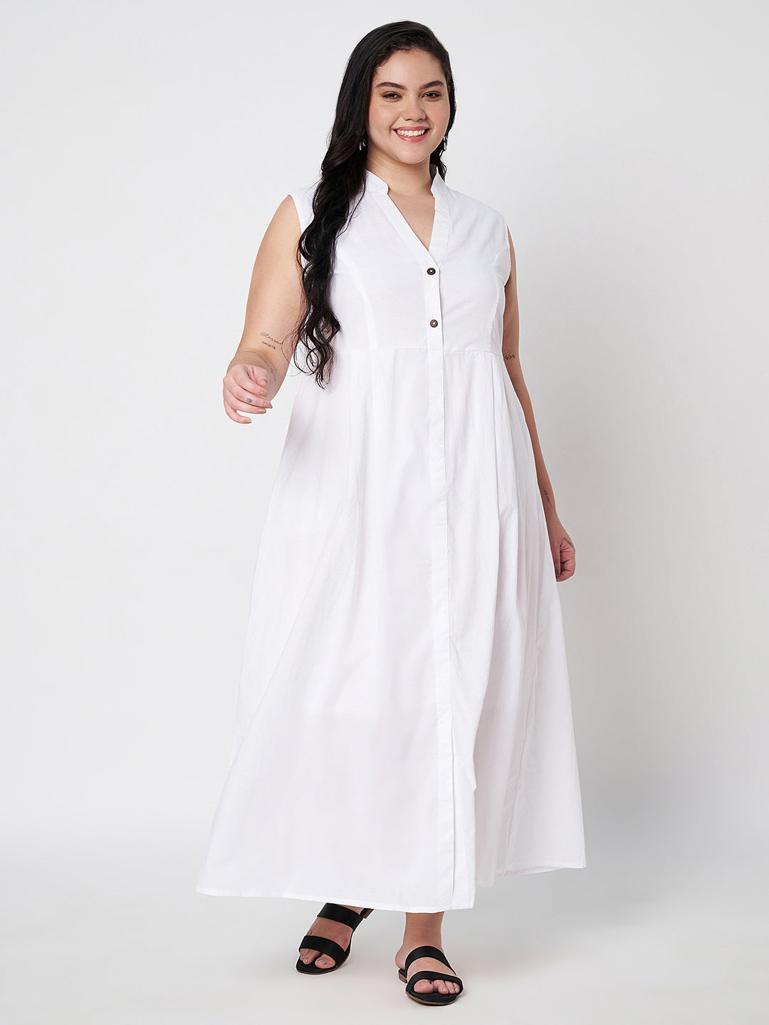 Plus Size Mandairan Coller Fit And Flare Maxi Dress