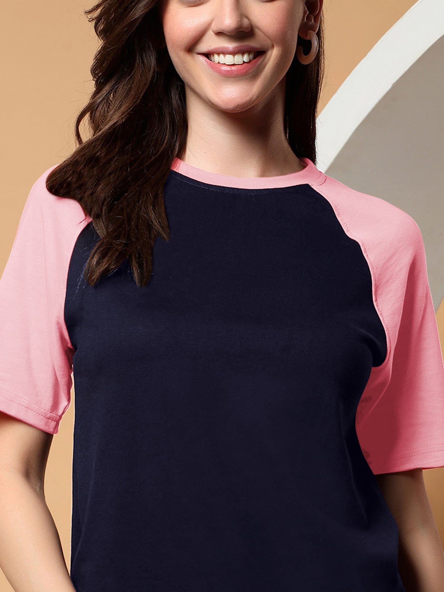 BRINNS Women Solid Raglan Sleeves Round Neck Cotton T-shirt