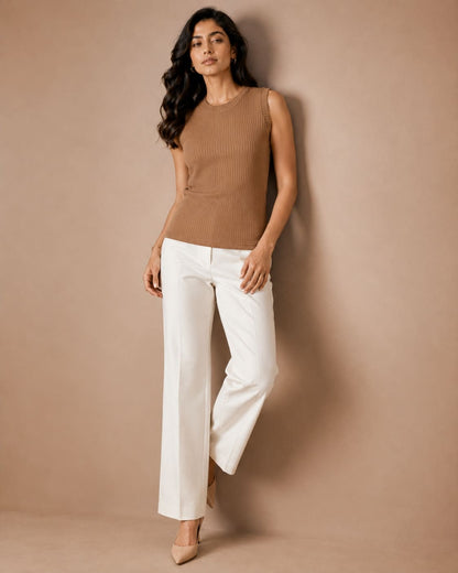 Solid Crew Neck Ribbed Knit Tank Top