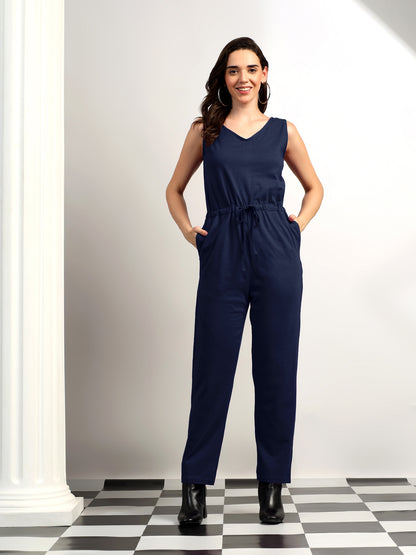 BRINNS Women V-Neck Pure Cotton Jumpsuit with Waist Tie-Up