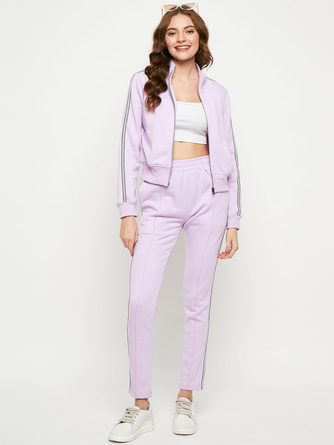 Women Solid Mock Collar Tracksuit