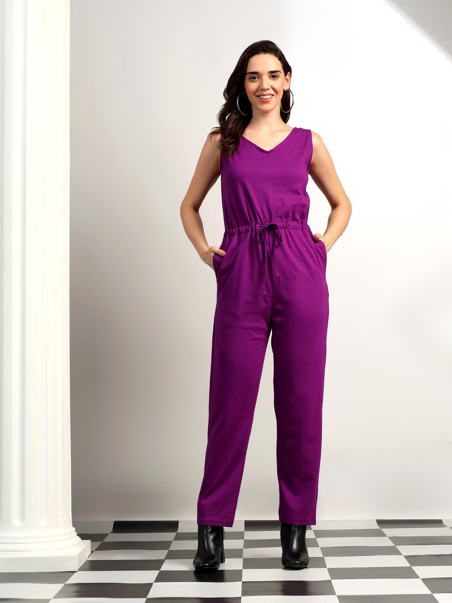 BRINNS Women V-Neck Pure Cotton Jumpsuit with Waist Tie-Up