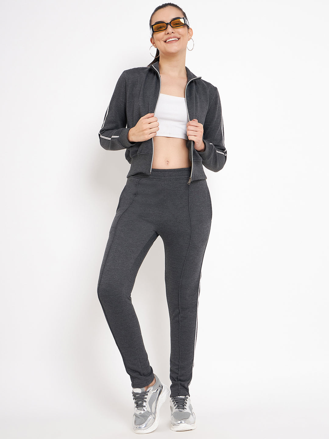 Women Solid Mock Collar Tracksuit