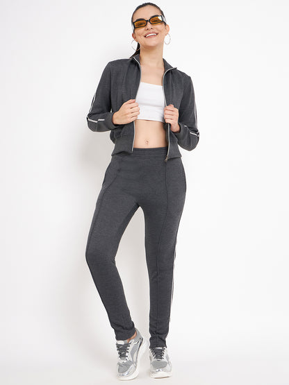 Women Solid Mock Collar Tracksuit