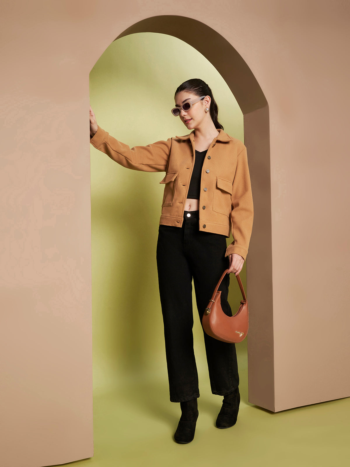Solid Woven Jacket with Utility Pockets & Spread Collar