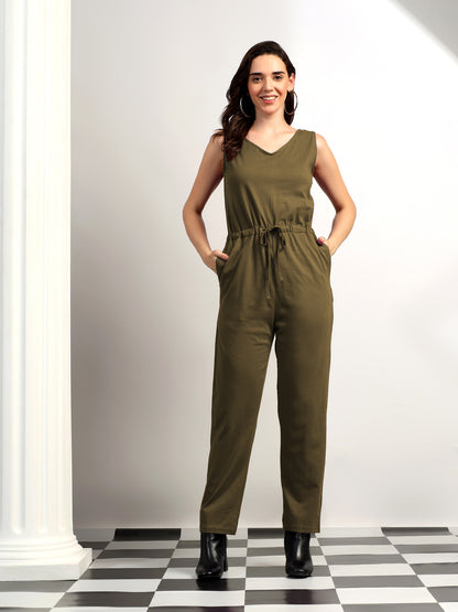 BRINNS Women V-Neck Pure Cotton Jumpsuit with Waist Tie-Up