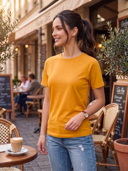 BRINNS Women Solid Raglan Sleeves Round Neck Cotton T-shirt