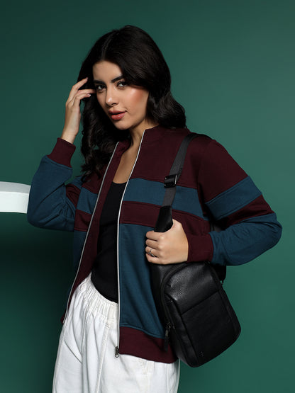 Colourblocked Stand Collar Zip-Up Fleece Jacket