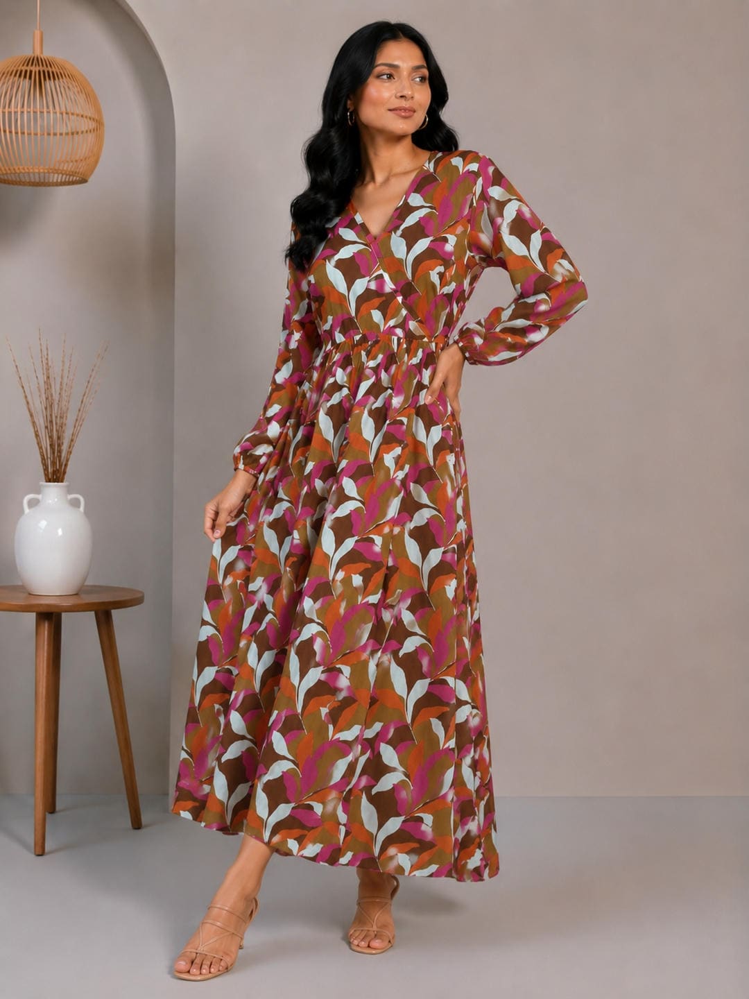 Printed Puff Sleeves Maxi Dress