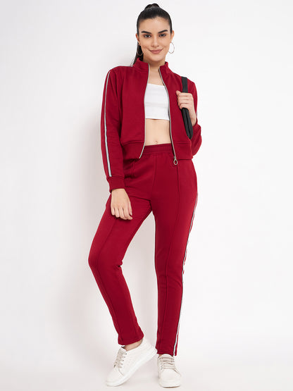 Women Solid Mock Collar Tracksuit