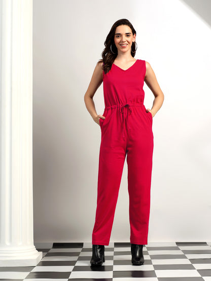 BRINNS Women V-Neck Pure Cotton Jumpsuit with Waist Tie-Up