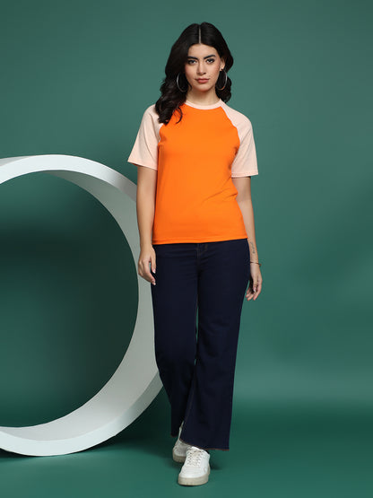 BRINNS Women Solid Raglan Sleeves Round Neck Cotton T-shirt