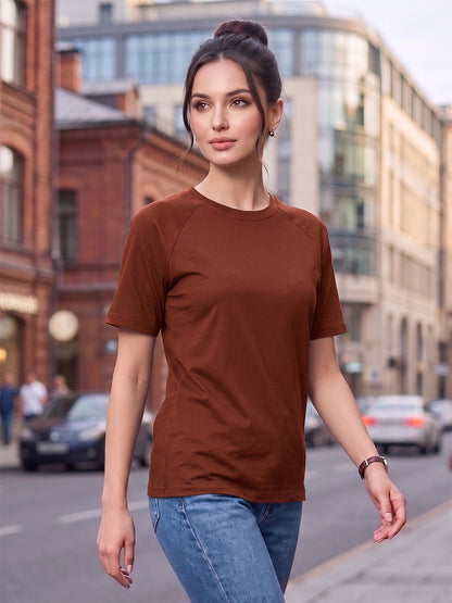 BRINNS Women Solid Raglan Sleeves Round Neck Cotton T-shirt