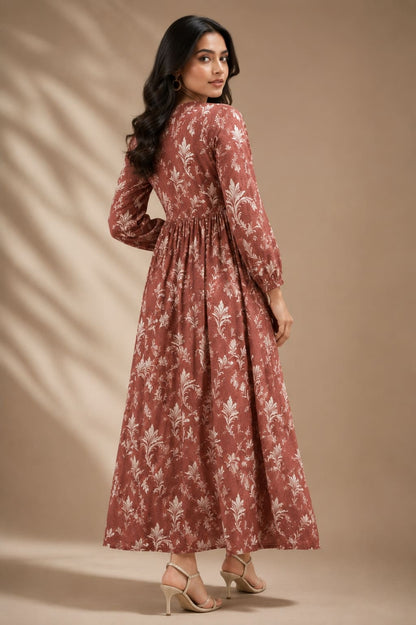 Printed Puff Sleeves Maxi Dress