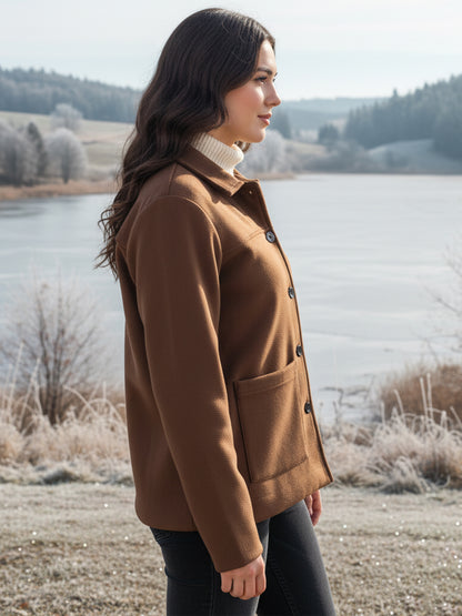 Solid Woven Tailored Jacket with Spread Collar and Pockets