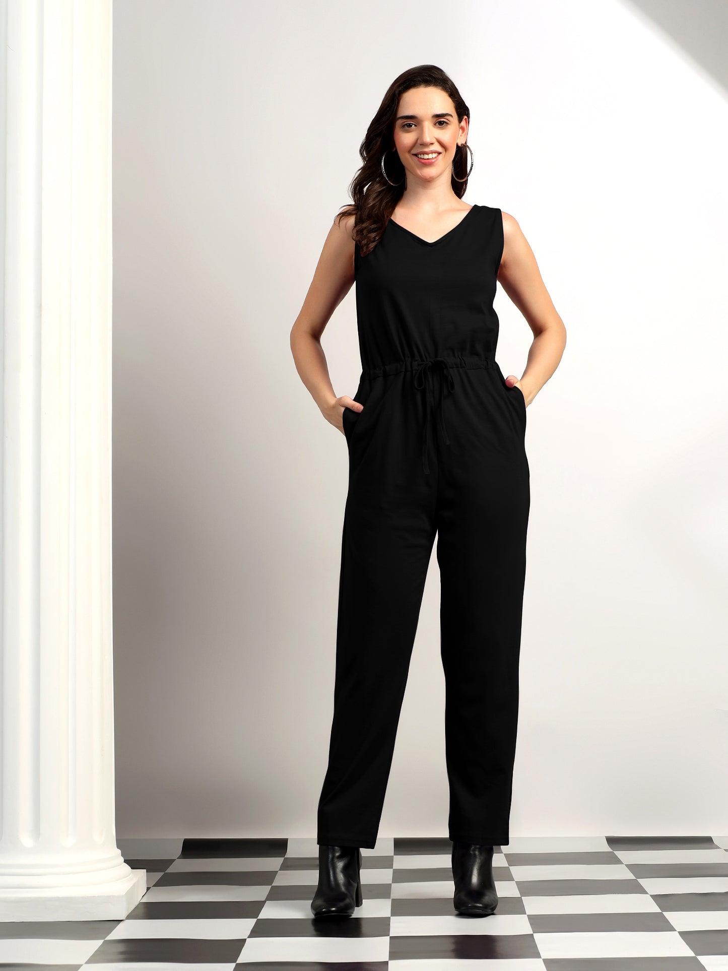 BRINNS Women V-Neck Pure Cotton Jumpsuit with Waist Tie-Up