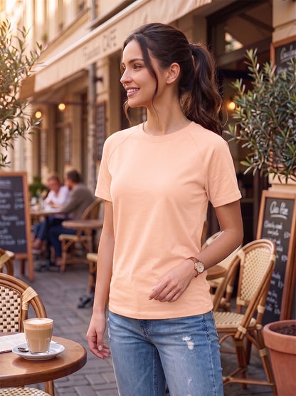 BRINNS Women Solid Raglan Sleeves Round Neck Cotton T-shirt
