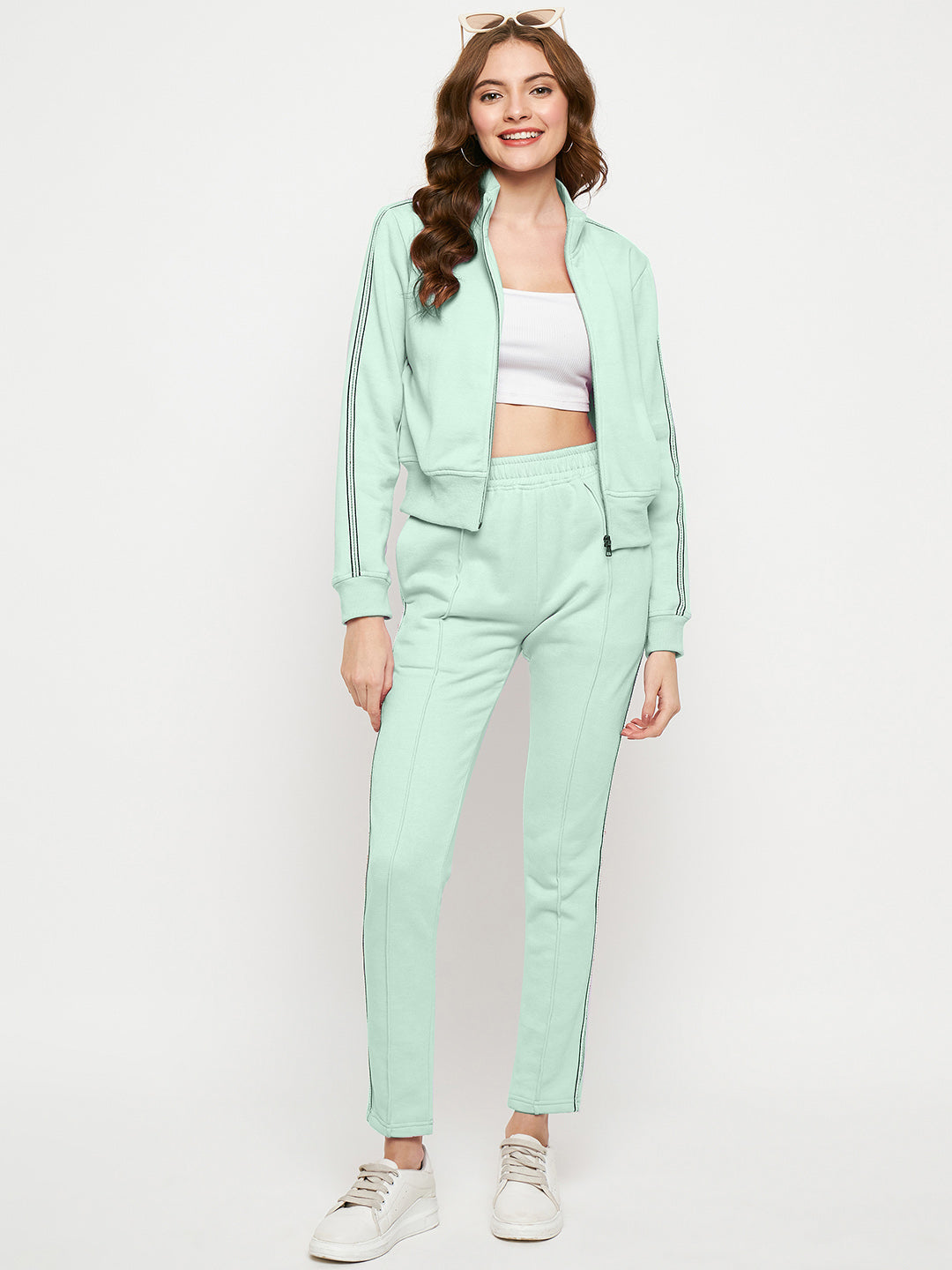 Women Solid Mock Collar Tracksuit