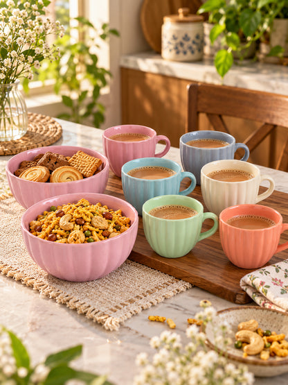Tea Cups Set of 6 with 2 Snack Bowls | Multicolor | 150 ml
