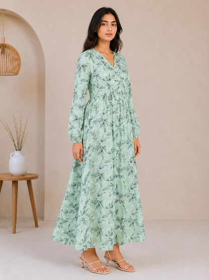 Printed Puff Sleeves Maxi Dress
