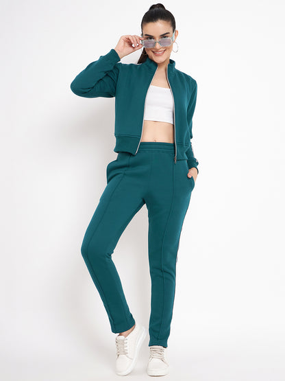 Women Solid Mock Collar Tracksuit