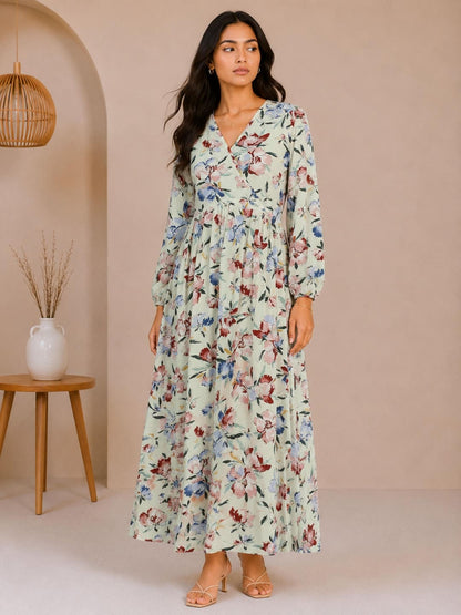 Printed Puff Sleeves Maxi Dress