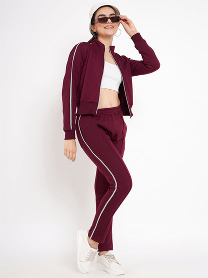 Women Solid Mock Collar Tracksuit