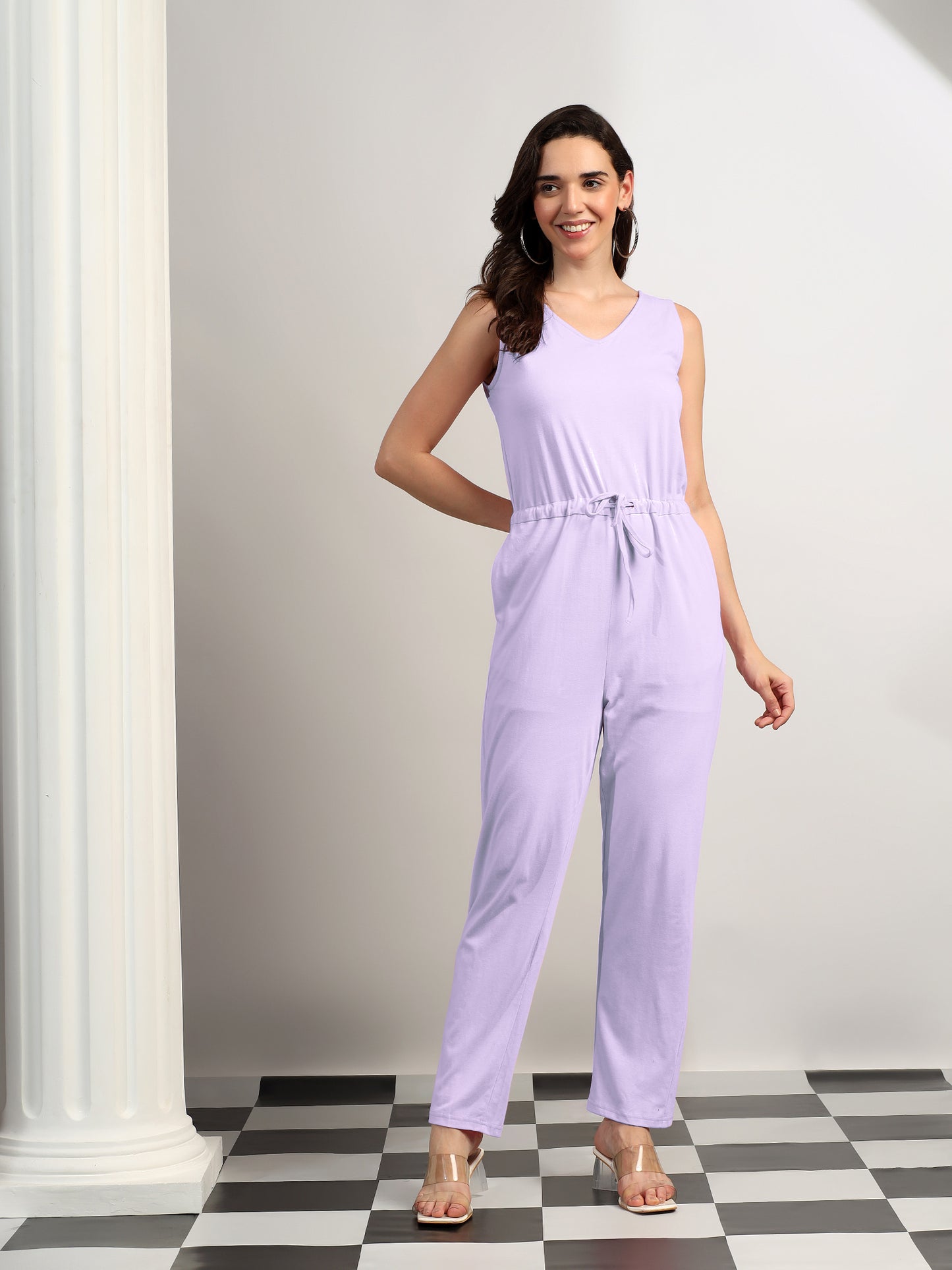 BRINNS Women V-Neck Pure Cotton Jumpsuit with Waist Tie-Up