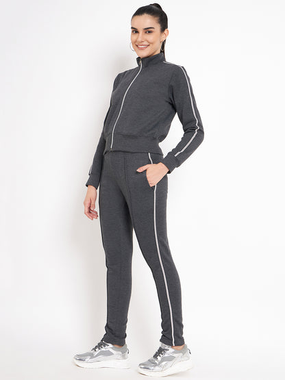Women Solid Mock Collar Tracksuit