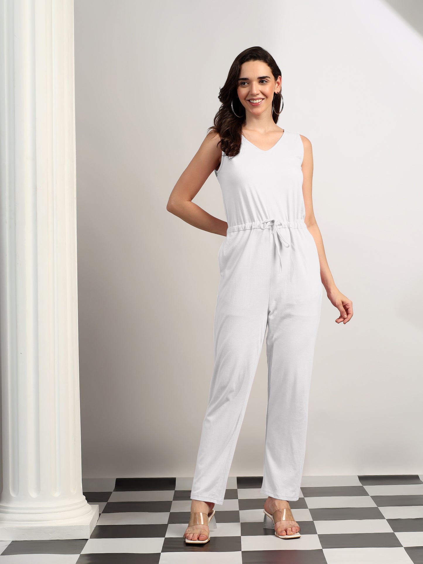 BRINNS Women V-Neck Pure Cotton Jumpsuit with Waist Tie-Up