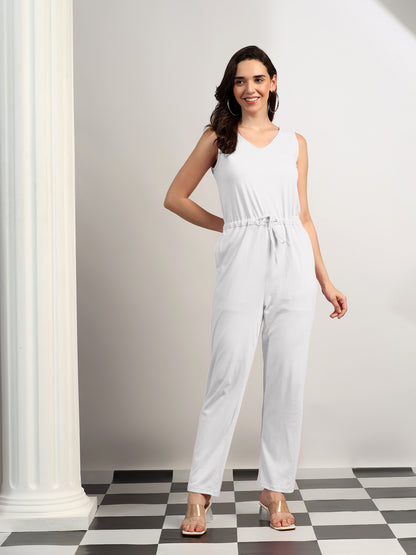 BRINNS Women V-Neck Pure Cotton Jumpsuit with Waist Tie-Up