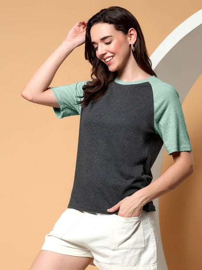 BRINNS Women Solid Raglan Sleeves Round Neck Cotton T-shirt