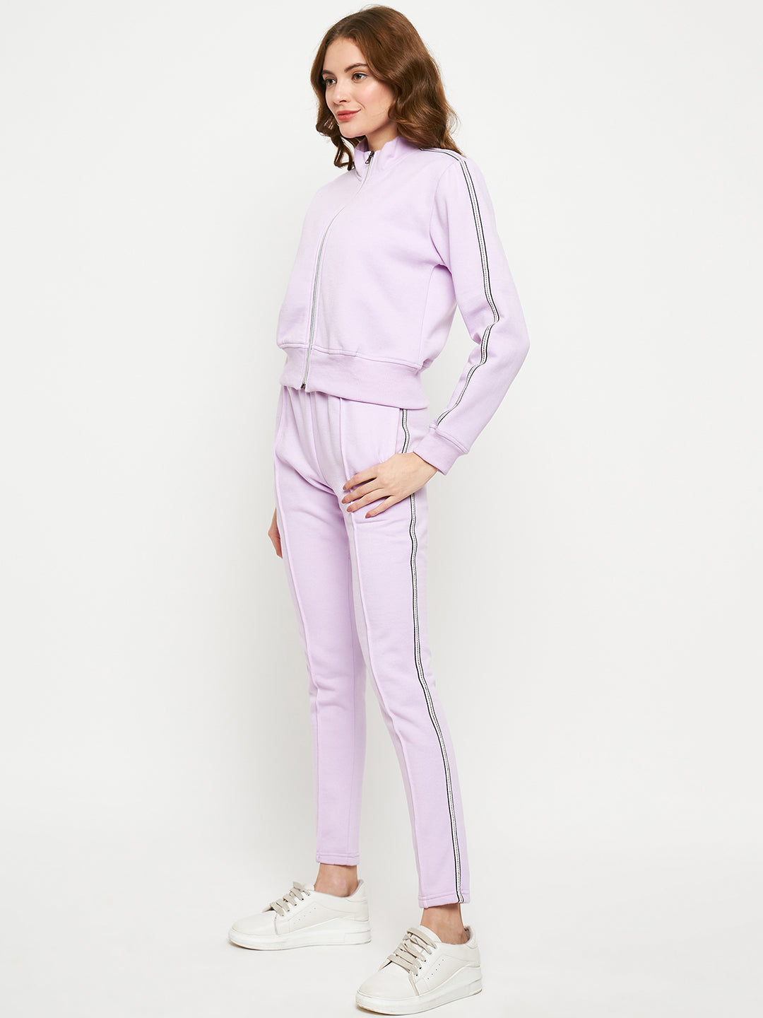 Women Solid Mock Collar Tracksuit