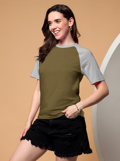 BRINNS Women Solid Raglan Sleeves Round Neck Cotton T-shirt