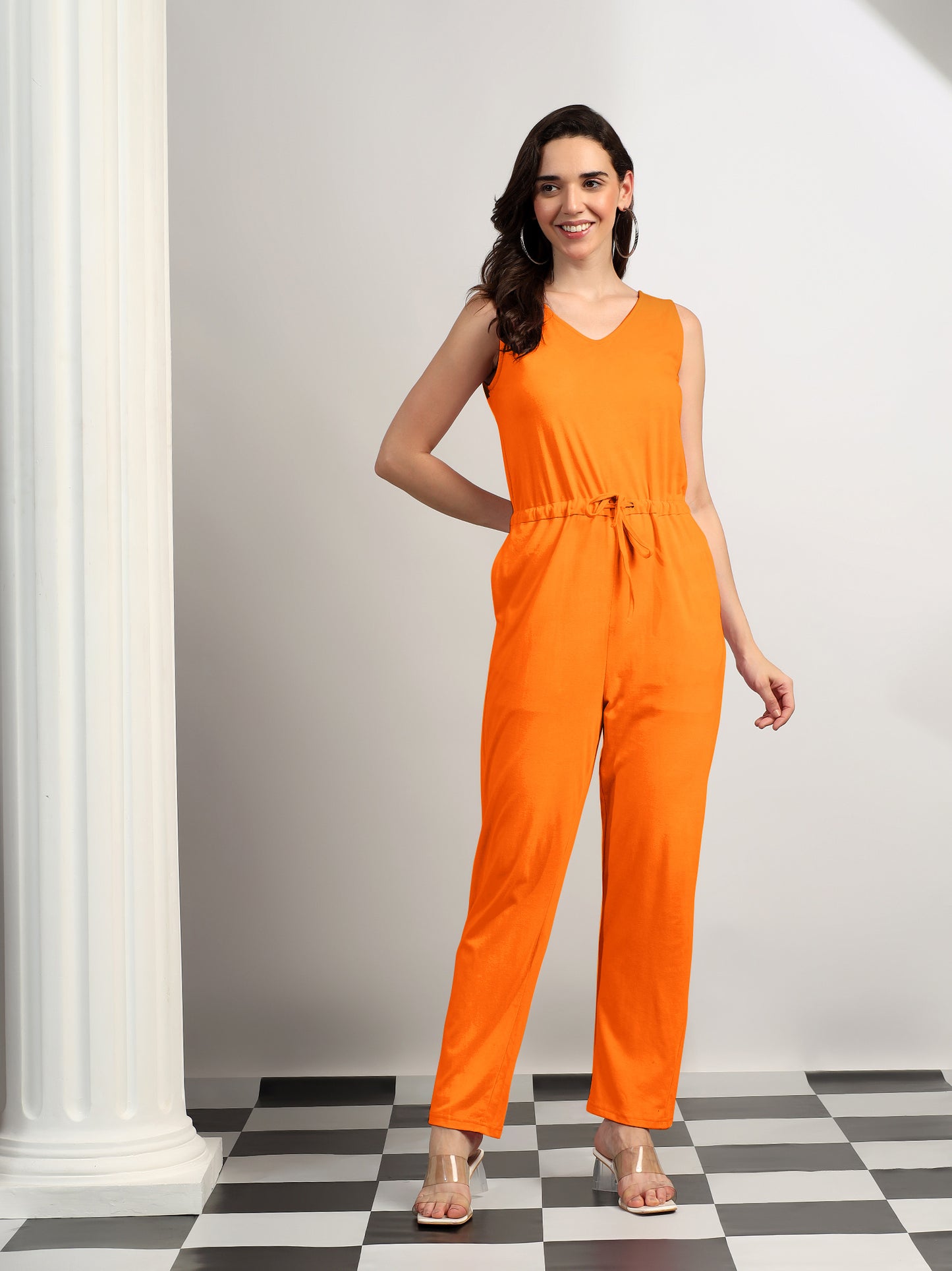 BRINNS Women V-Neck Pure Cotton Jumpsuit with Waist Tie-Up