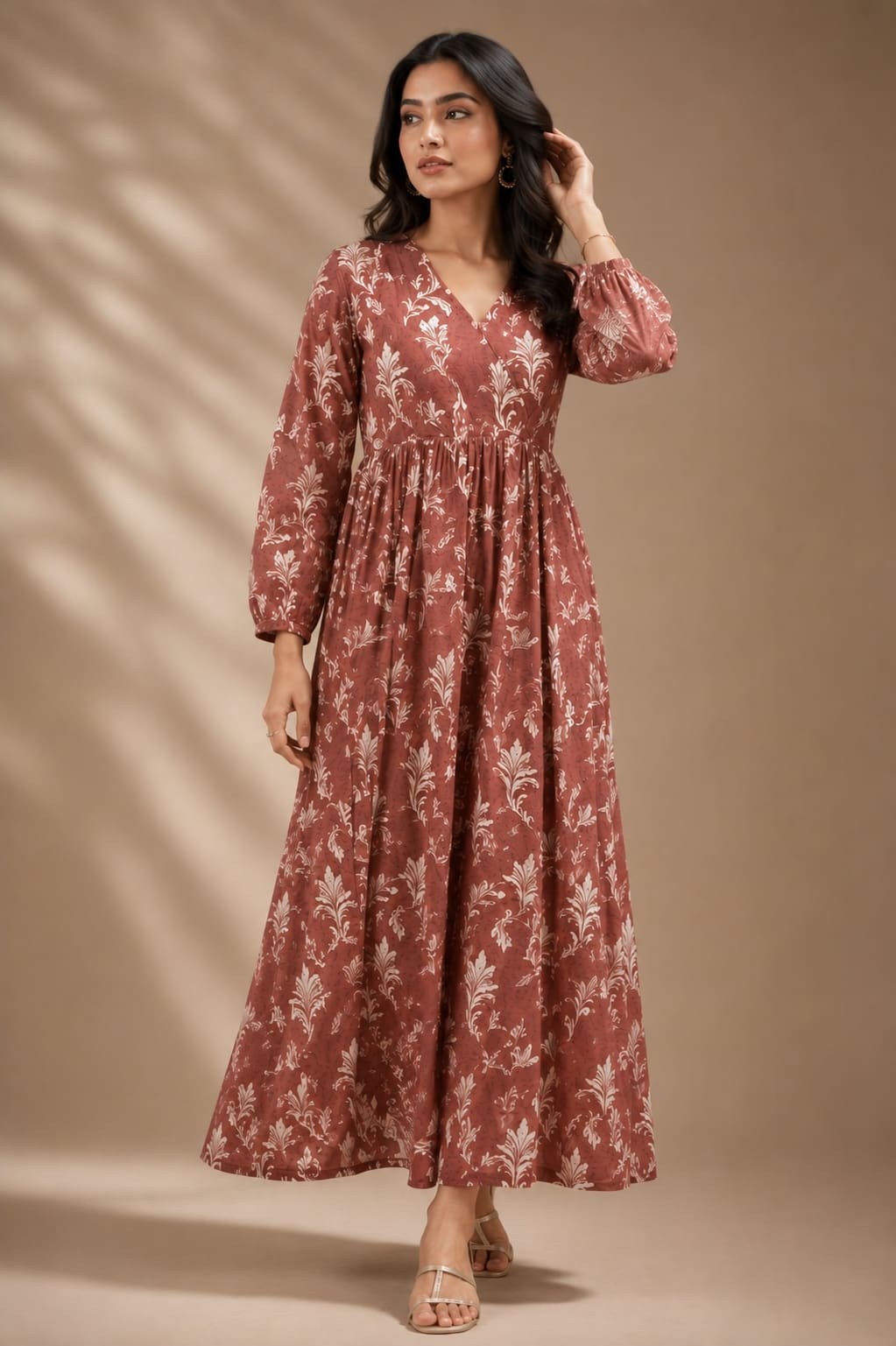 Printed Puff Sleeves Maxi Dress