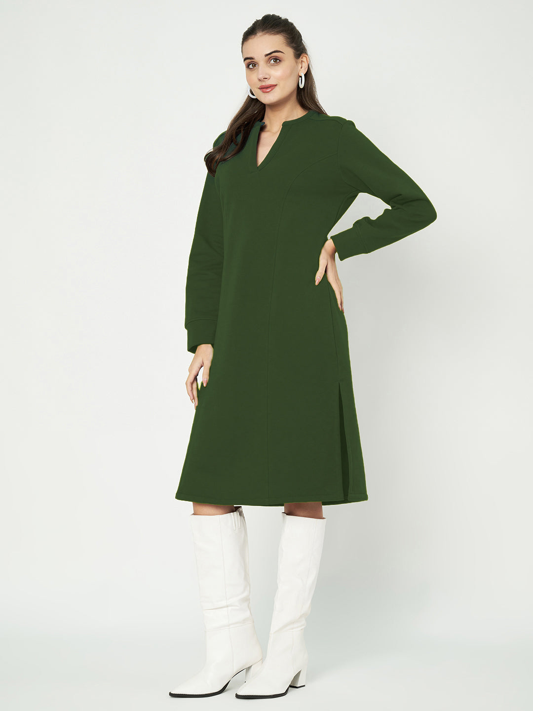 A-Line Dress with V-Neck Split Mandarin Collar