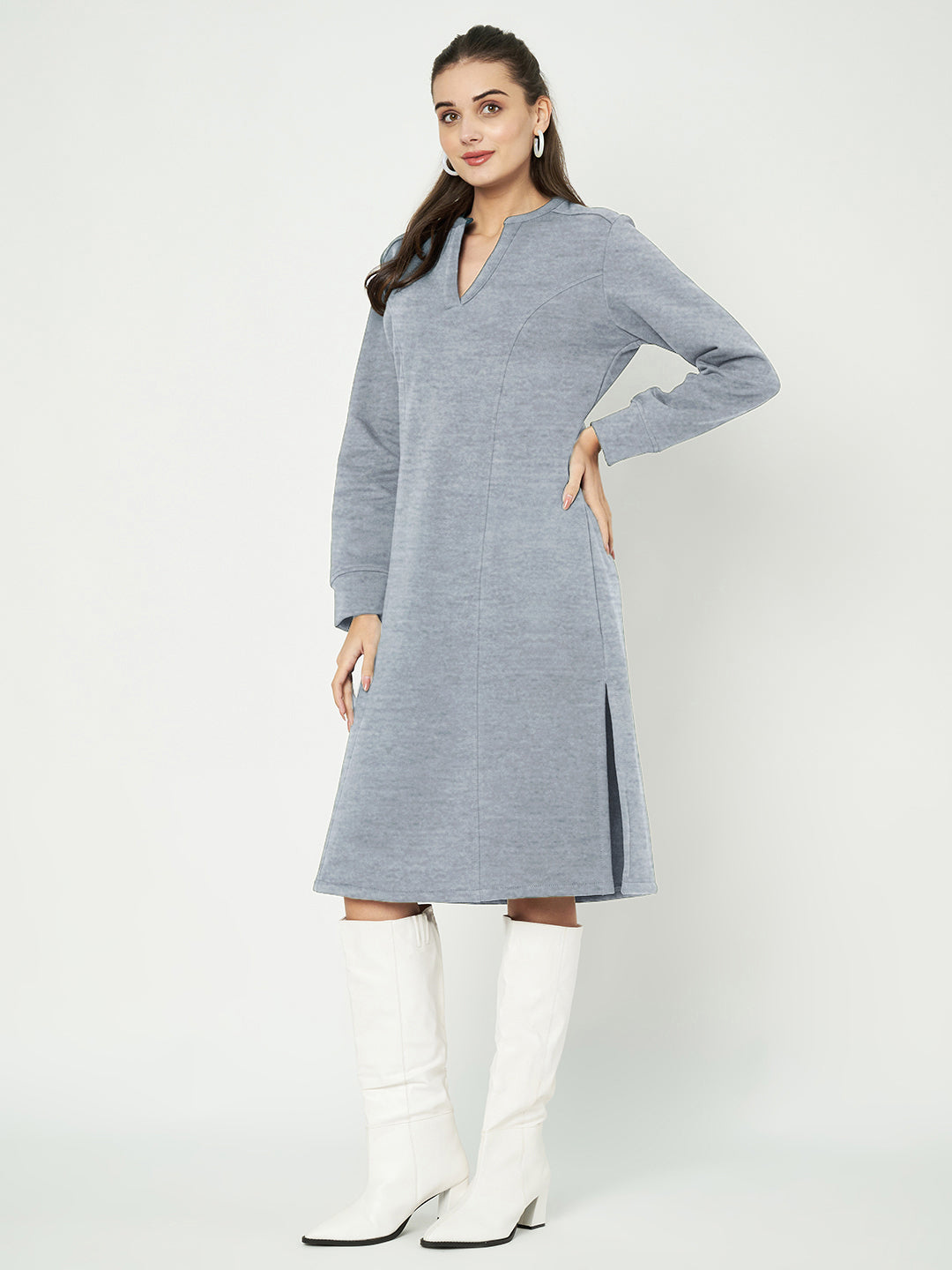 A-Line Dress with V-Neck Split Mandarin Collar