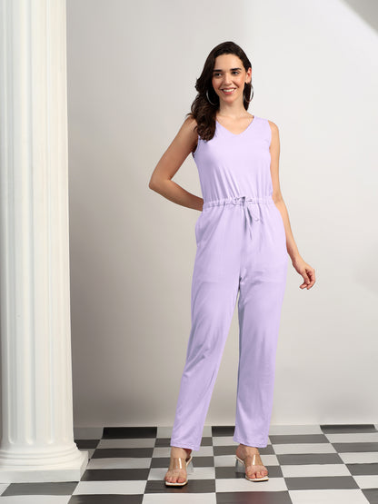BRINNS Women V-Neck Pure Cotton Jumpsuit with Waist Tie-Up