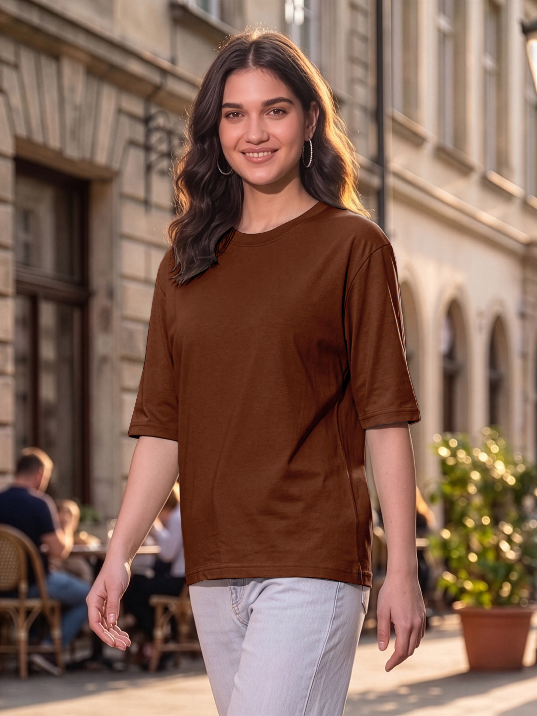 BRINNS Women Solid Round Neck Cotton T-shirt