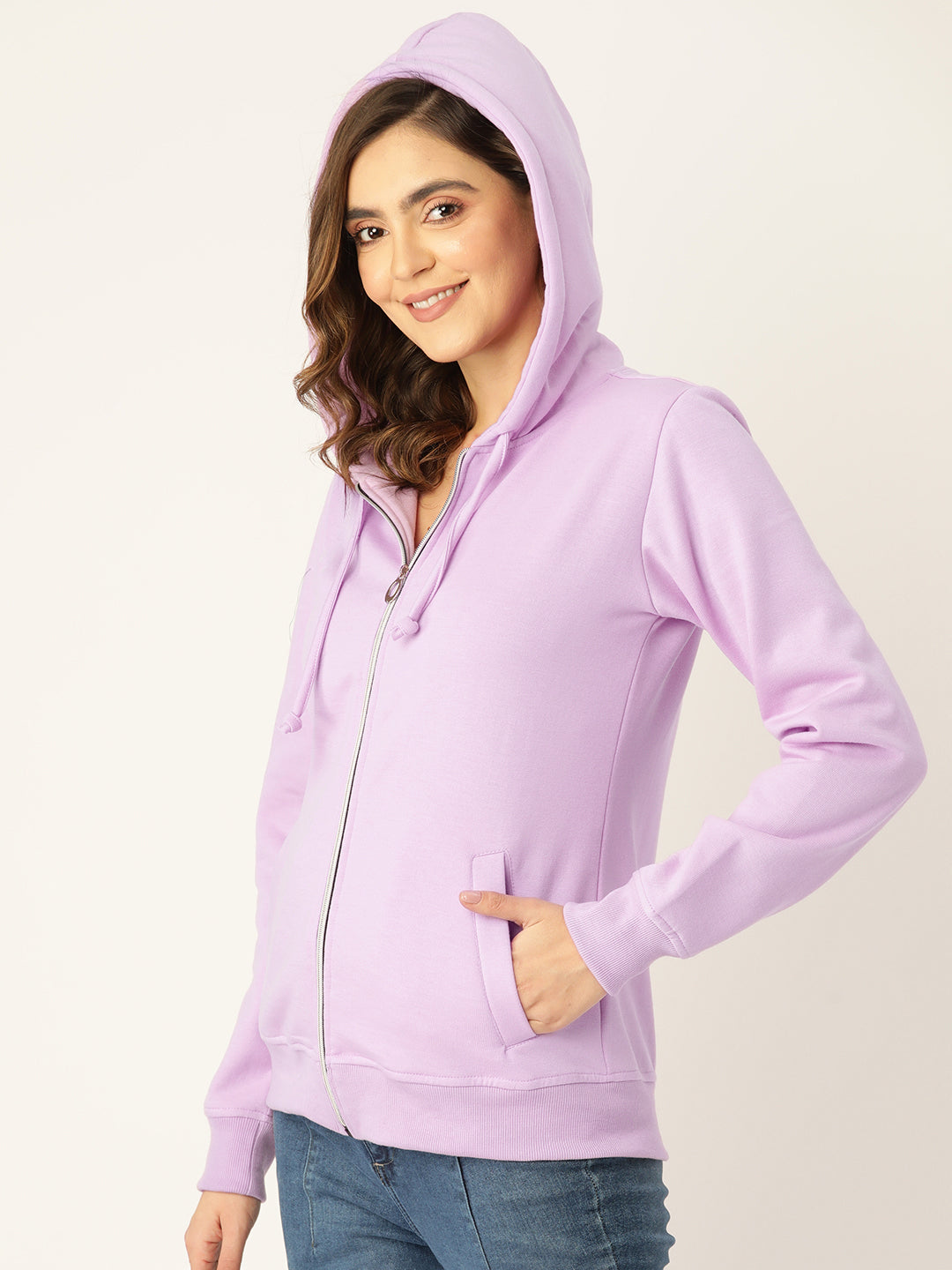 Solid Fleece-Lined Zip-Closure Hooded Sweatshirt with Pockets
